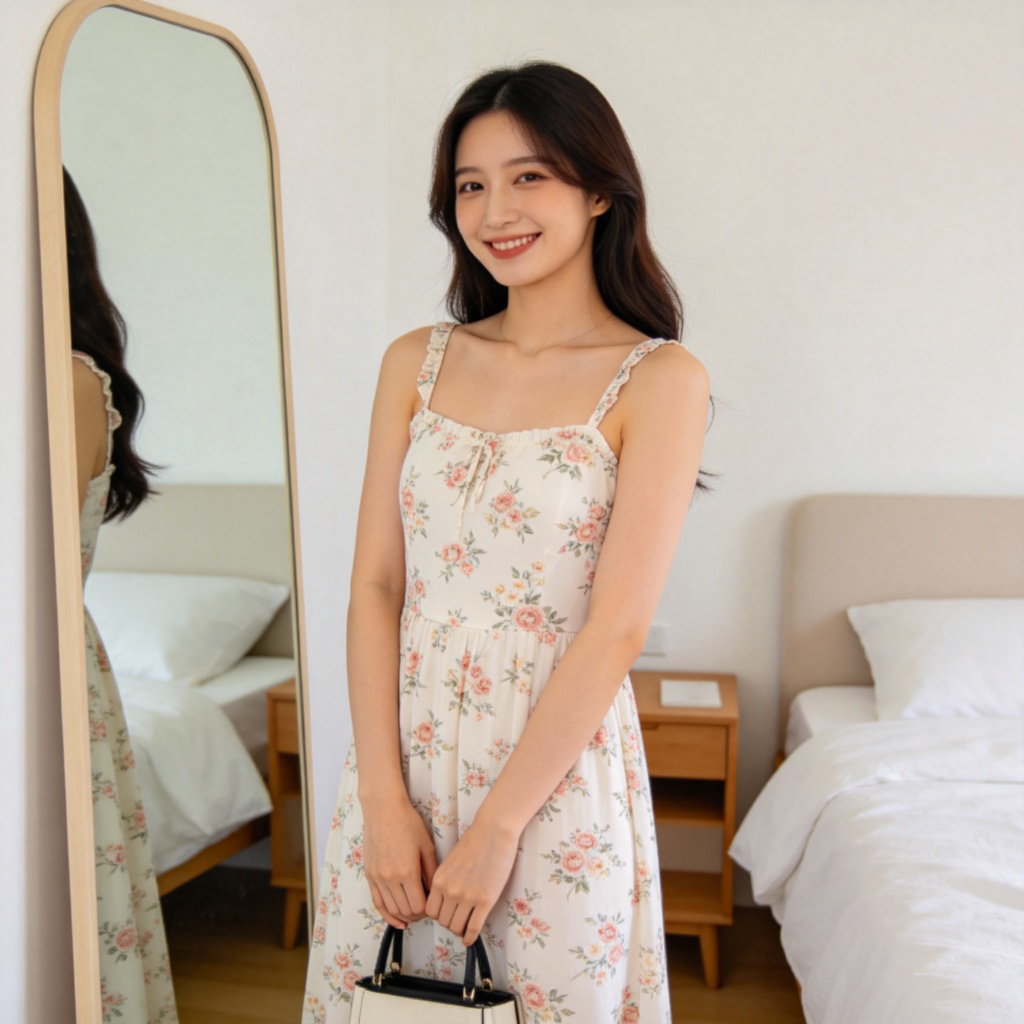 A young woman smiling, standing in front of a mirror, wearing a light and flowery summer dress. The dress is clearly visible, covering her from shoulders to knees. She is holding a small bag. Simple bedroom background with good lighting. No text.