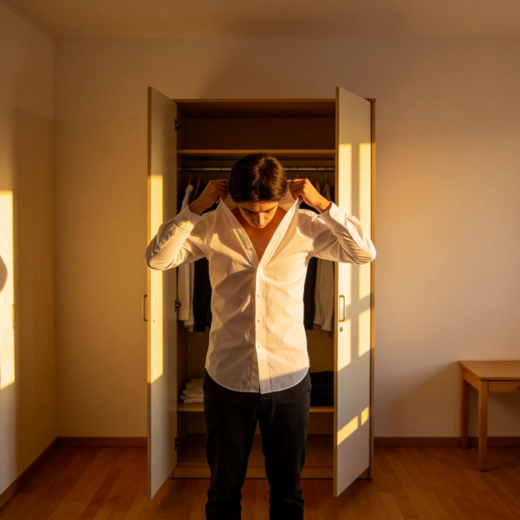 A person in a simple room, picking a shirt from a wardrobe and putting it on. The action of dressing is clear, showing the moment of pulling the shirt over the head or buttoning it up. Morning light from a window. Focus on the action and the clothes. No text.