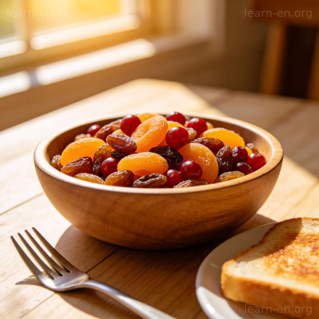 Dried Fruits 图解：木碗中混合葡萄干、杏干和蔓越莓干的丰盛早餐场景