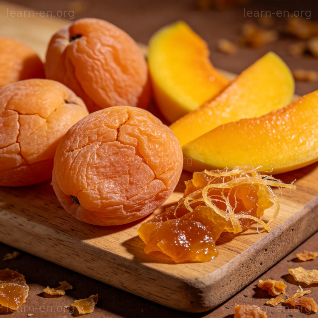 脱水水果特写：展示杏干和芒果干皱缩干爽的质地与纹理细节