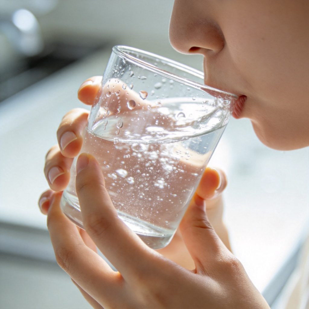 A close-up photo of a person's hands holding a clear glass of fresh water, taking a sip. Water droplets are on the outside of the glass. The background is a simple, bright kitchen counter. Focus is on the action of drinking and the clear liquid. No text.
