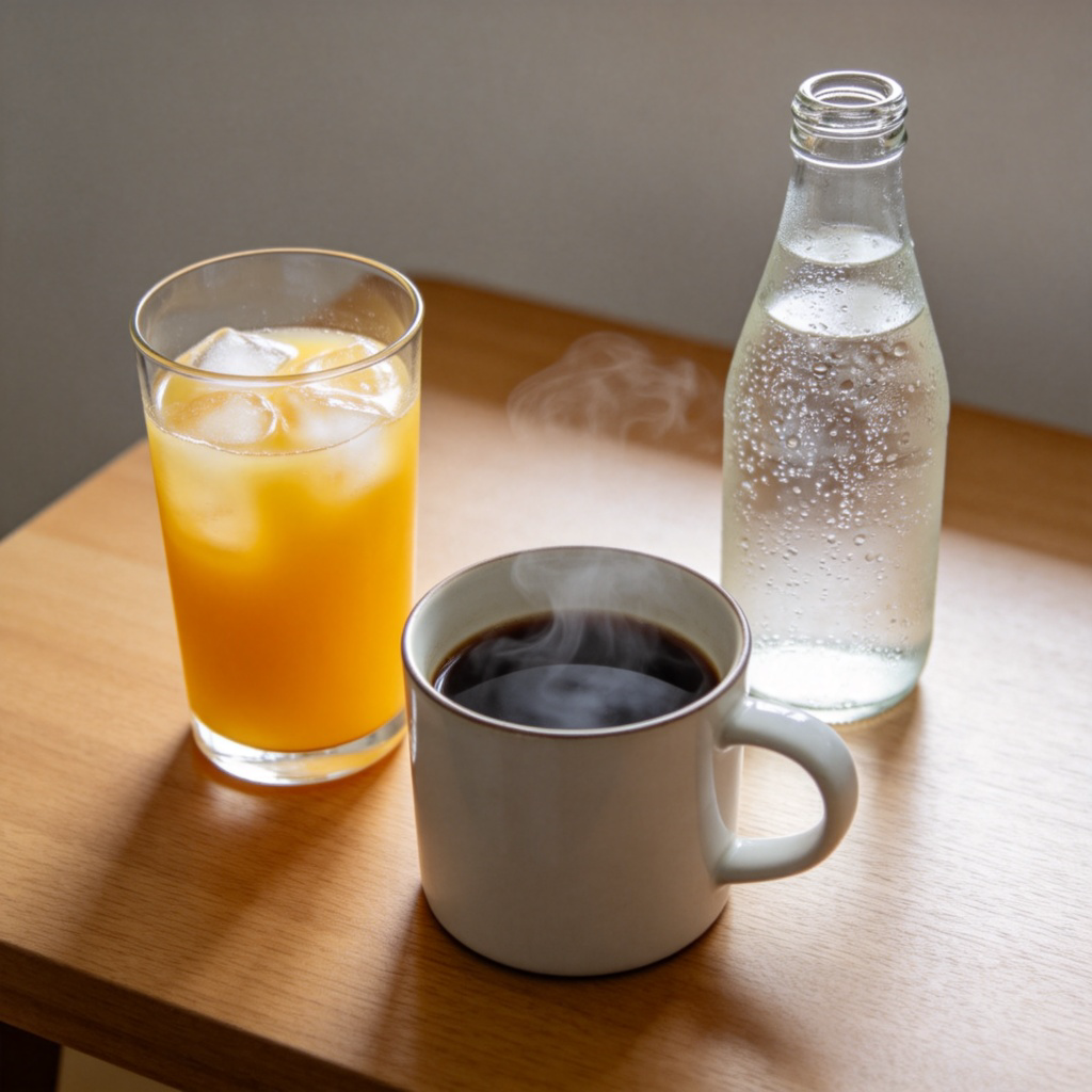 A flat lay photo from above showing three different drinks on a wooden table: a tall glass of orange juice with ice, a steaming mug of coffee, and a bottle of sparkling water with condensation. Simple, clean composition with soft natural light. No text or logos.