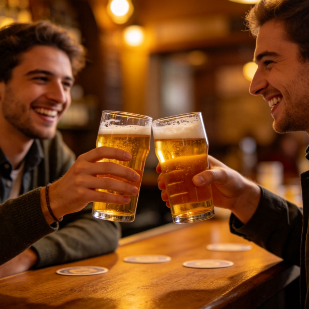 A social setting in a cozy pub. Two friends are smiling and clinking their glasses of golden beer together in a toast. The atmosphere is warm and friendly, with soft lighting. The focus is on the gesture of toasting and the alcoholic drinks. No text.