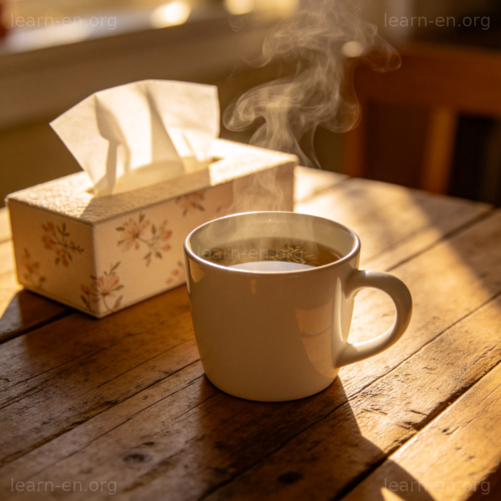 drink warm beverages to soothe sore throat 图解：一杯热茶缓解喉咙痛的家庭护理场景