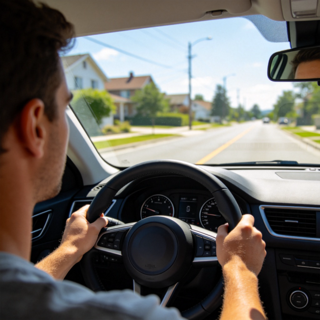 A person sitting in the driver's seat of a modern car, hands on the steering wheel at 10 and 2 o'clock position, looking attentively through the windshield at a sunny suburban road. The scene is focused on the driver's hands and the dashboard, with a clear view of the road ahead. Natural daylight, sharp focus. No text.