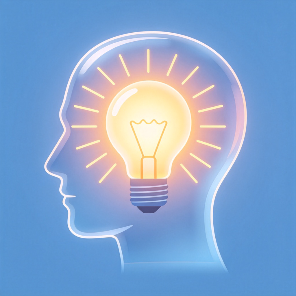 A symbolic image of a glowing light bulb inside a stylized, transparent human head, representing an idea or motivation. Rays of light shine outward from the bulb. The background is a calm, solid color. The style is a clean, modern illustration. No text.