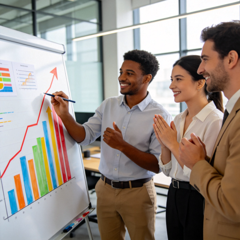 A team of diverse professionals in a modern office, standing around a whiteboard covered in colorful charts and arrows pointing upwards. One person is actively drawing an upward trend line, while others nod in agreement. The atmosphere is collaborative and focused on progress. Natural office lighting. No text.