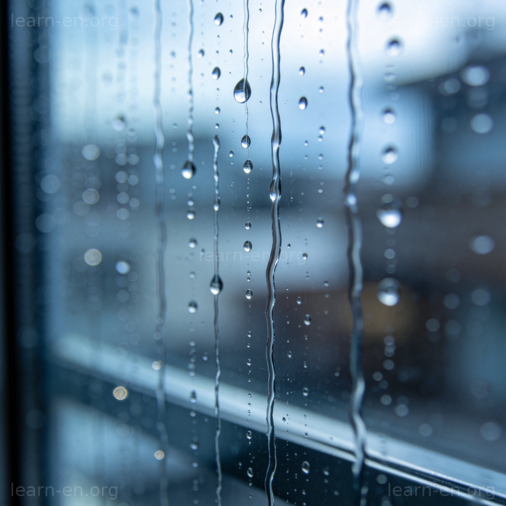 Drizzle 含义图解：窗玻璃上细小水滴汇聚成细流滑落的特写
