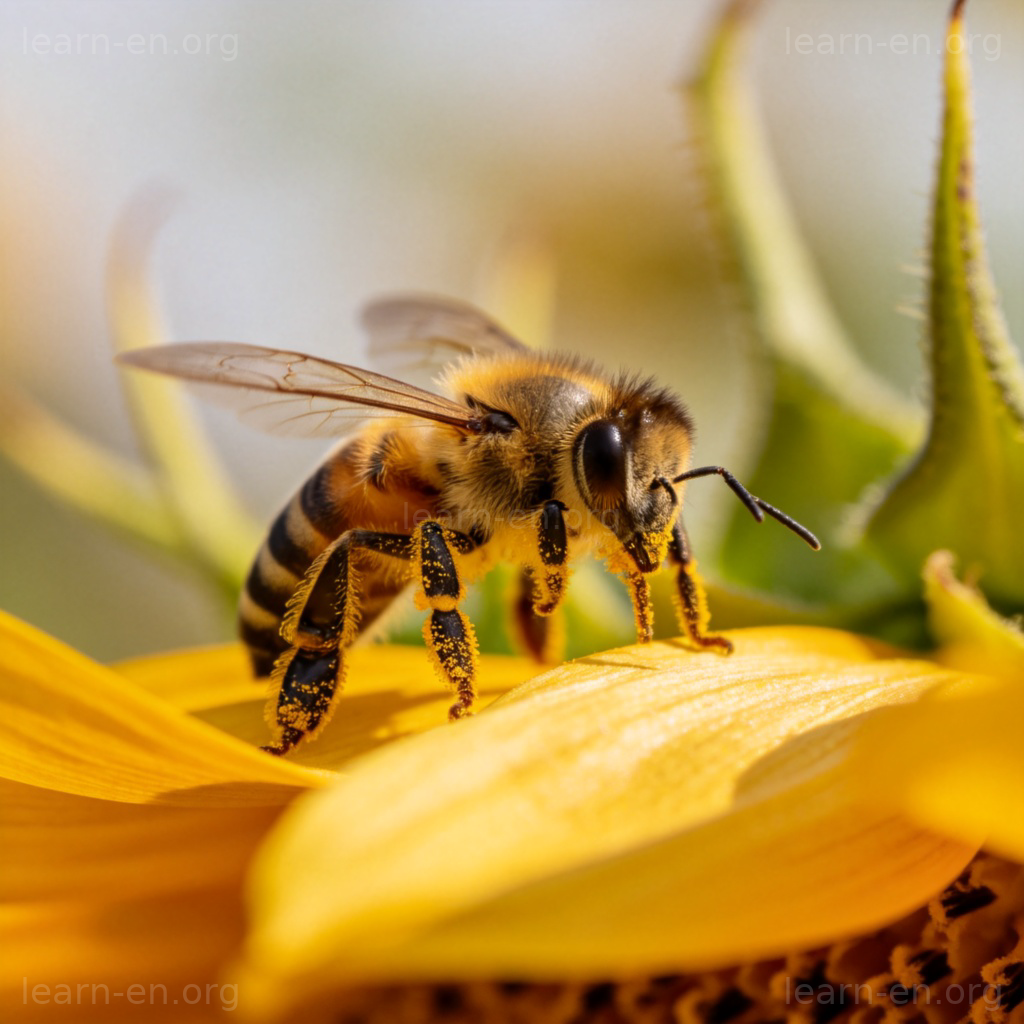 Honeybee on a sunflower generating a humming drone sound