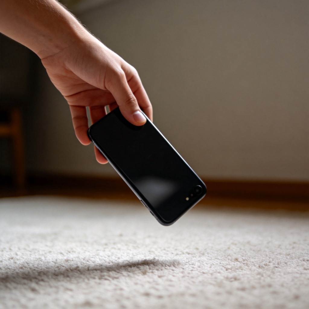 A close-up side view of a person's hand releasing a smartphone. The phone is in mid-air, about to fall onto a soft carpet below. The focus is sharp on the phone and the hand. Plain, slightly blurred background. No text or logos.