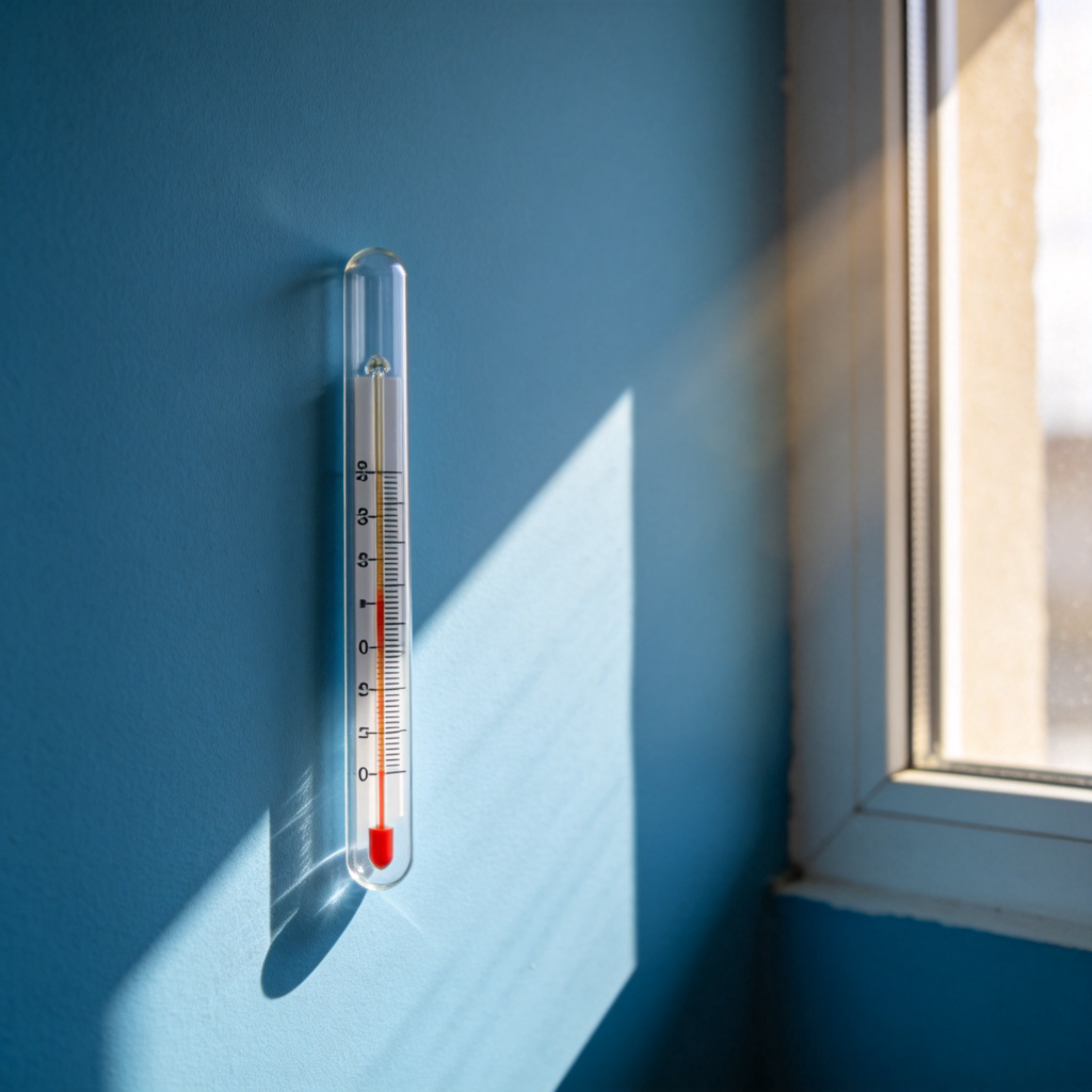 A clear glass thermometer against a plain blue wall. The red mercury line is visibly lower than a marked midpoint, indicating a cool temperature. Sunlight from a window creates a soft highlight. No text or numbers visible on the thermometer.