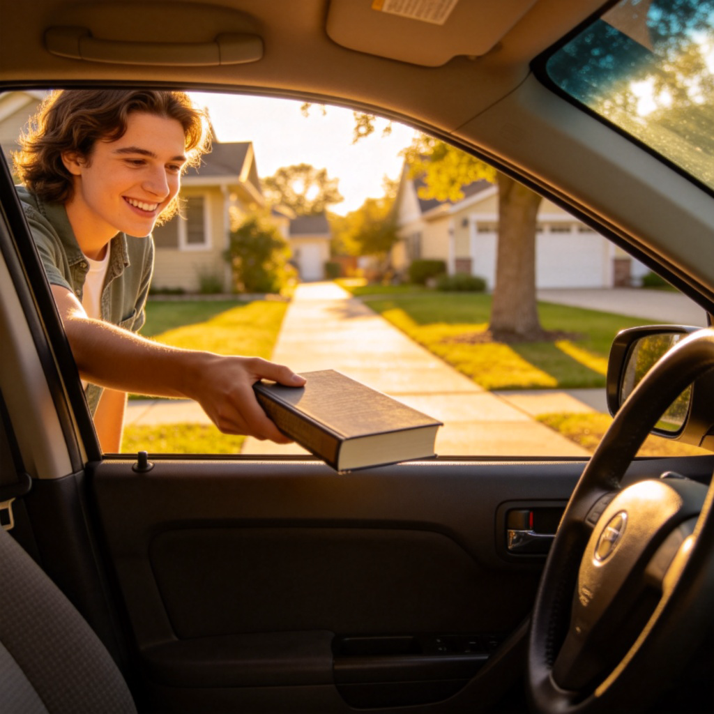 A friendly scene of a person in a car, leaning over to hand a book through the open passenger window to a smiling friend standing on a sunny suburban sidewalk. The car is stopped in a driveway. Focus on the exchange.