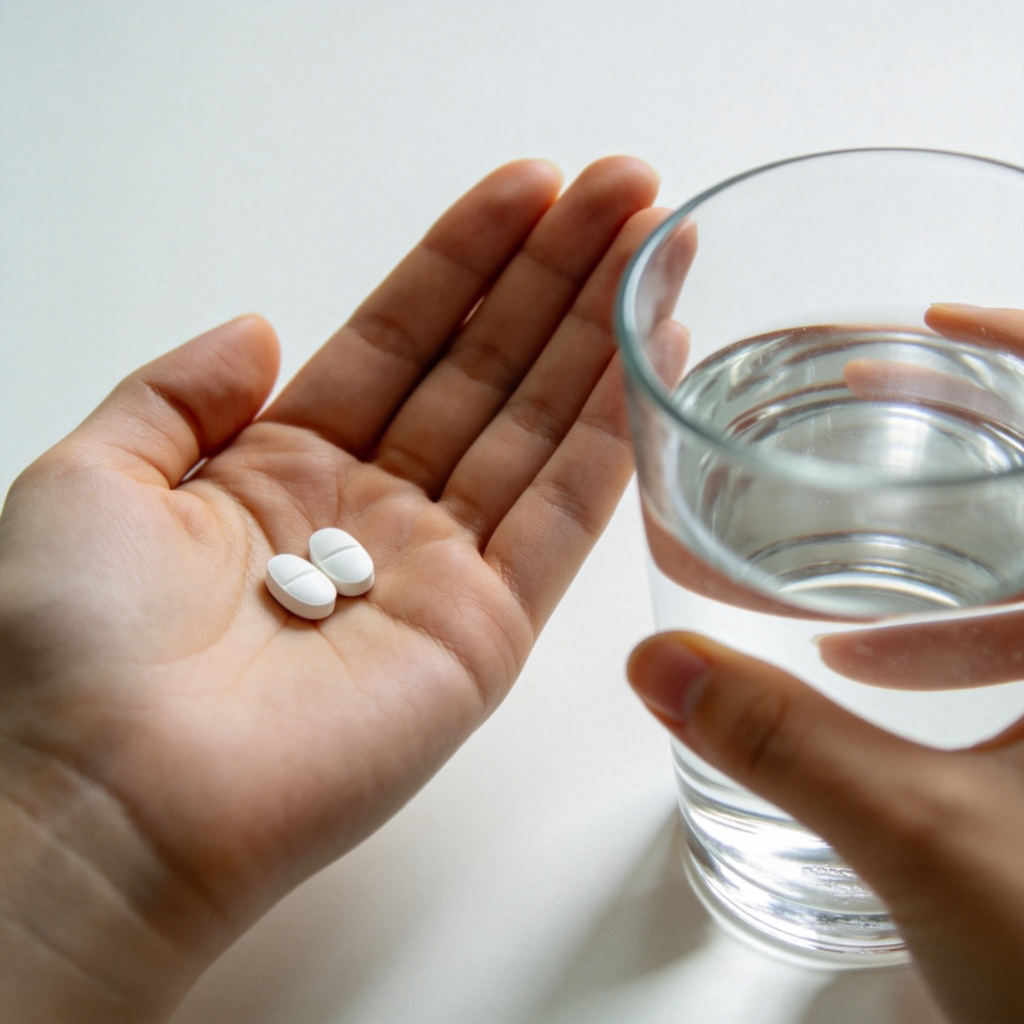 A close-up of a person's hand holding two small white pills and a glass of clear water, ready to take medicine. Plain, soft-colored background, natural lighting, focus on the pills and hand. The scene is calm and clean, representing healing.