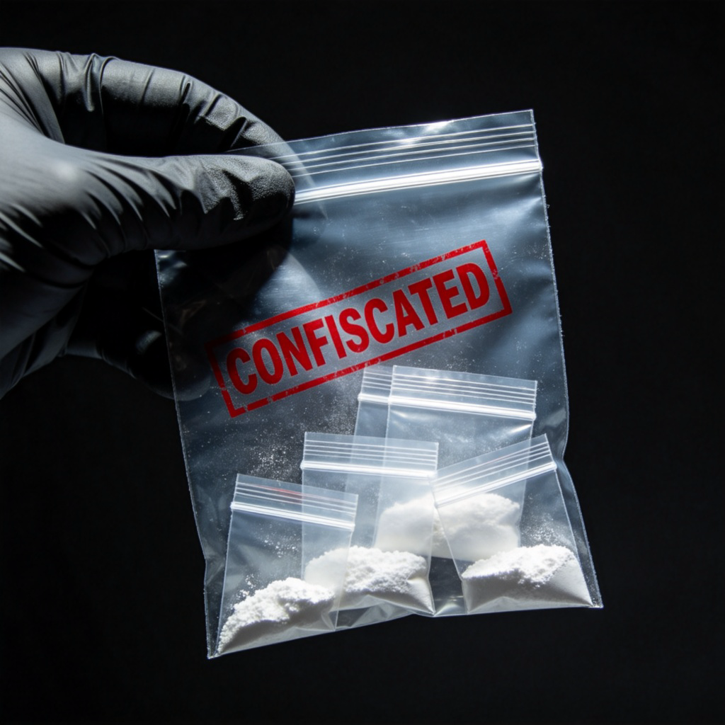 A clear plastic evidence bag with a red "CONFISCATED" stamp on it, containing a few small, suspicious-looking plastic bags filled with unknown white powder. The bag is held by a gloved hand against a dark background, symbolizing illegal activity and law enforcement. No faces are shown.