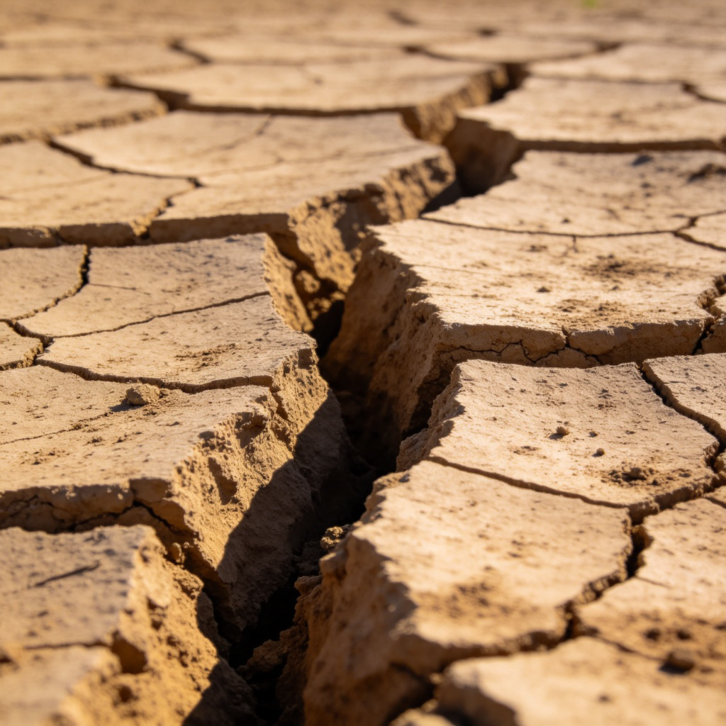 A close-up photo of sun-baked, cracked earth in a field, with deep fissures and no visible moisture. The soil is light brown and dusty. Bright sunlight casts sharp shadows in the cracks. No plants or water in sight.