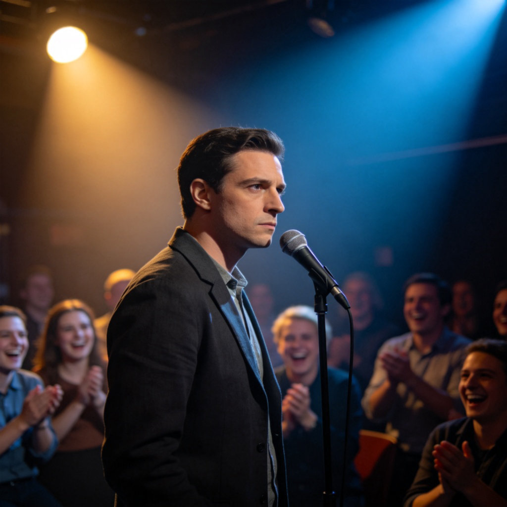 A portrait of a person, a comedian or actor, speaking into a microphone on stage. They have a completely neutral, serious, and unemotional facial expression, but the audience in the slightly blurred background is laughing. Stage lighting highlights the contrast between the speaker's deadpan delivery and the crowd's reaction.