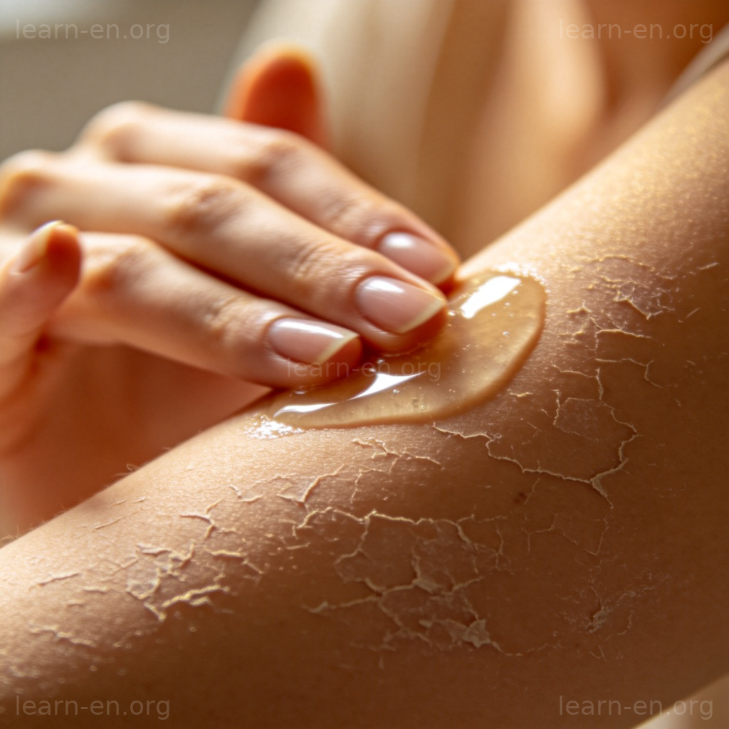 干性皮肤图解：手臂涂抹保湿霜缓解干燥脱皮的特写场景