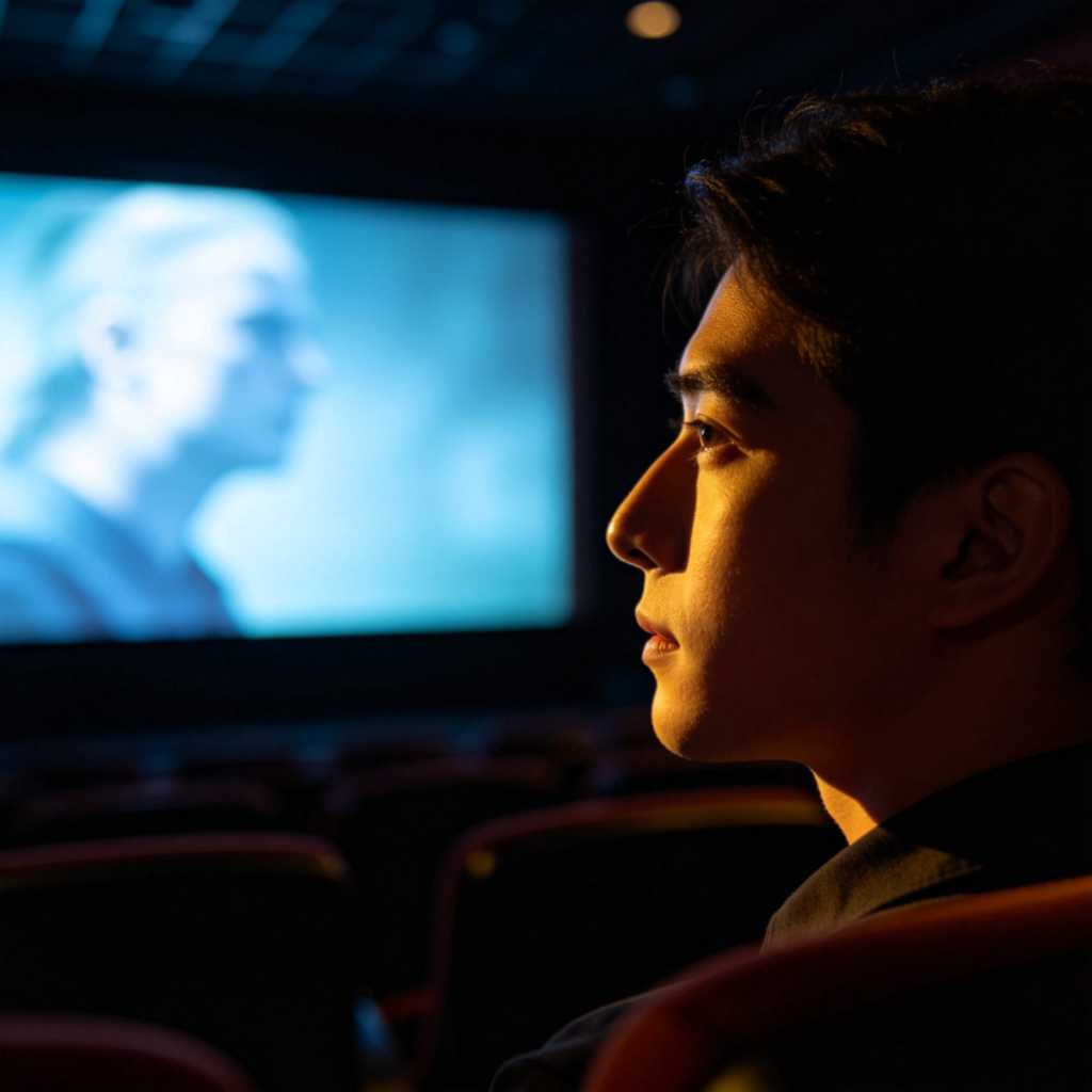 A person sitting in a darkened movie theater, watching a film on the big screen. The soft light from the screen illuminates their face. The scene captures a moment within the longer activity of watching a movie. No text on screen.
