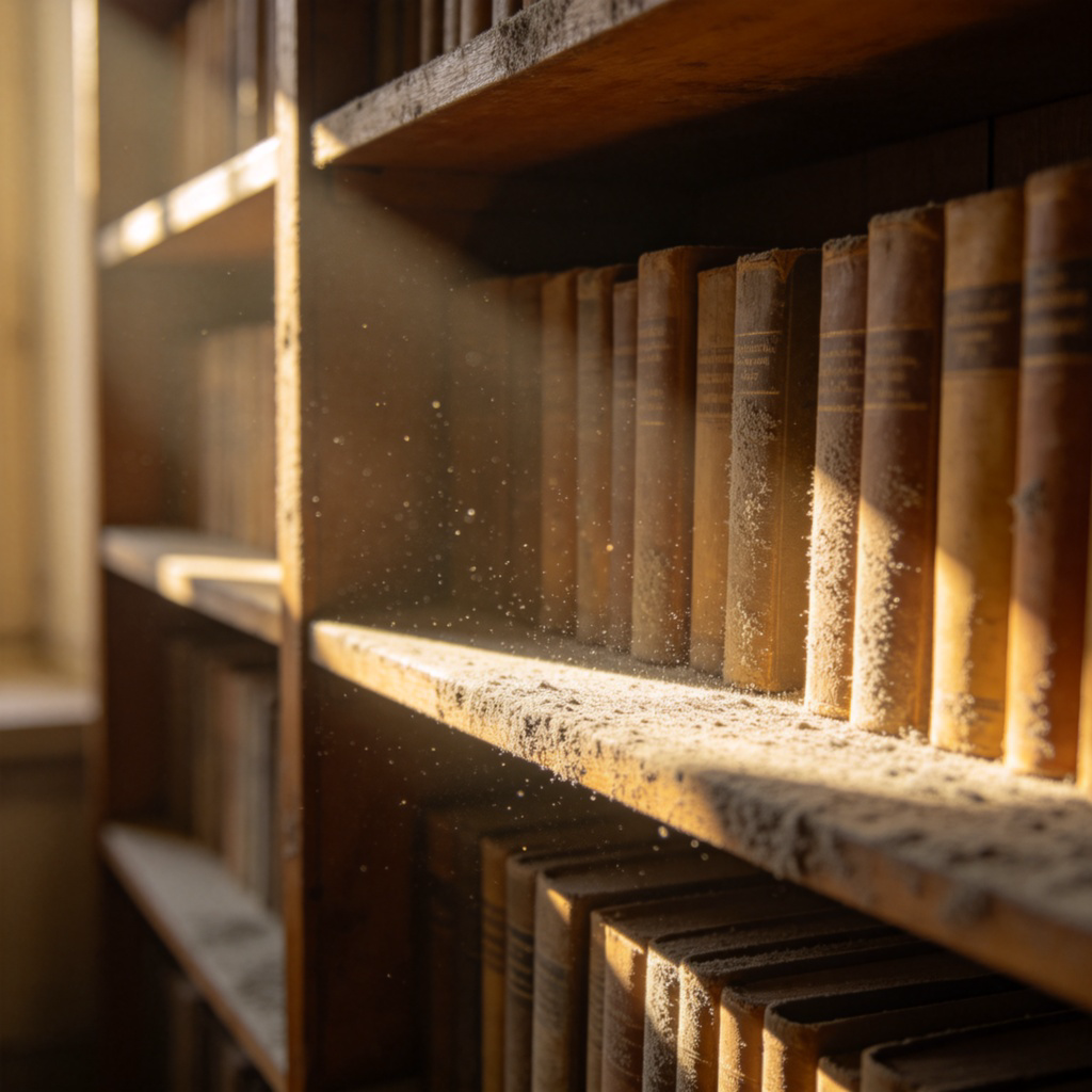A close-up, side view of an old wooden bookshelf in a sunlit room. Tiny dust particles are visibly floating in a sunbeam that shines across the shelf. The surfaces of the books and the shelf itself are covered with a thin, visible layer of greyish dust. Sharp focus on the dust particles, natural lighting. No text.