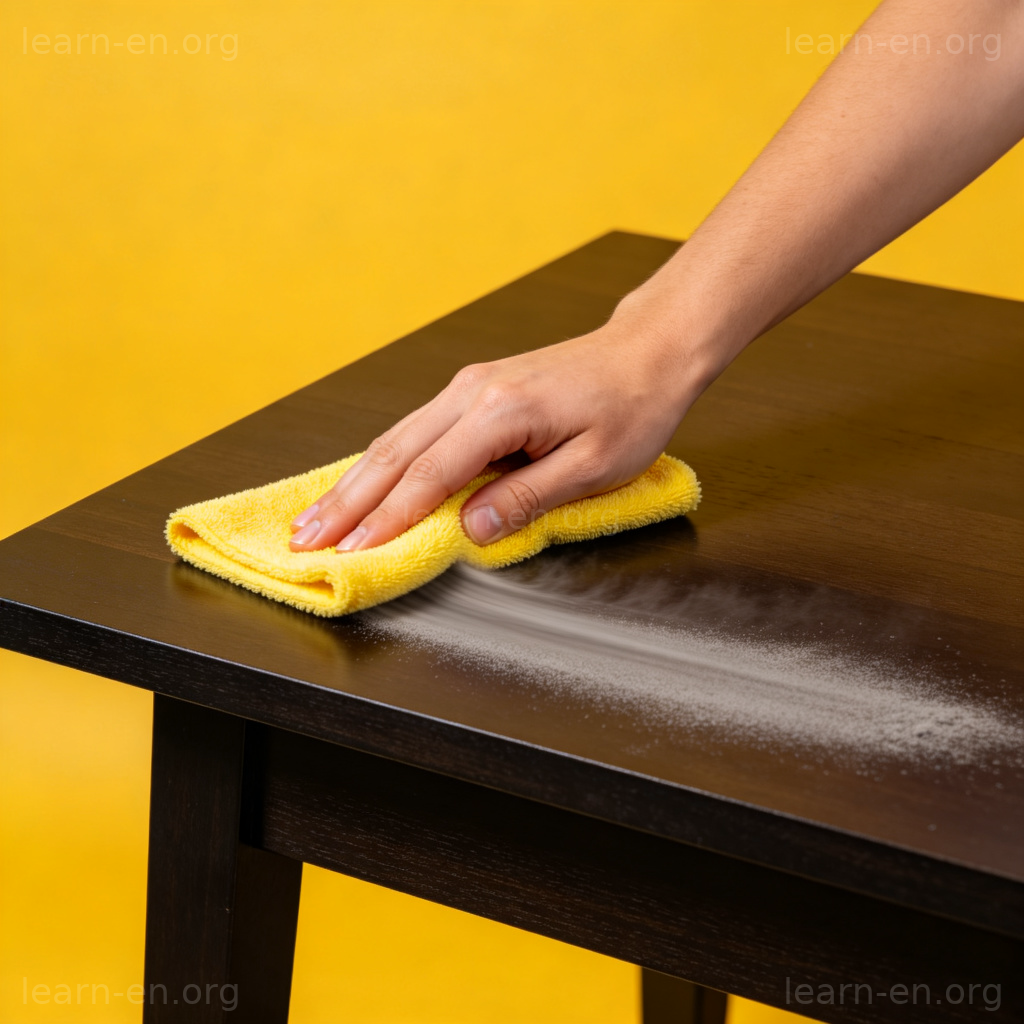 A person's hand in focus, holding a bright yellow microfiber cloth, actively wiping across the surface of a dark wooden table. The action is clearing a clean streak through a thin layer of grey dust that was previously on the table. Plain background, side angle, clear action of cleaning. No text.