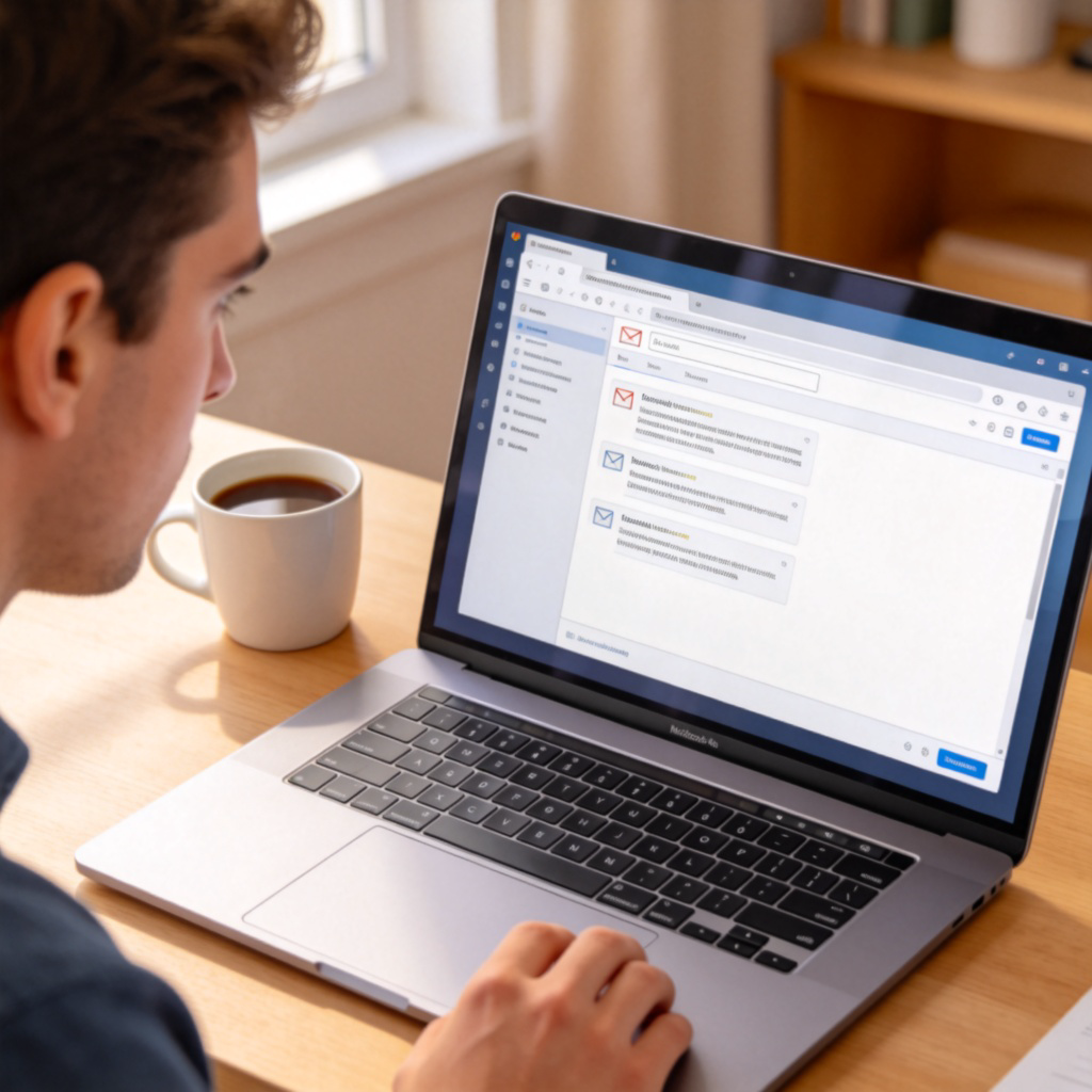 A person looking at a laptop screen showing an open e-mail inbox with a few visible message previews. The person's face shows a focused expression. The background is a cozy home desk with a cup of coffee. Clean, realistic style, bright lighting. No text on screen.