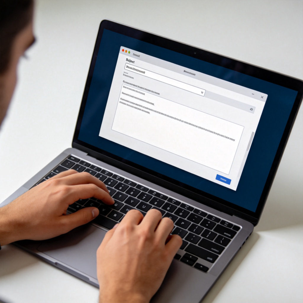 Close-up of a person's hands typing on a laptop keyboard. The computer screen shows a new e-mail composition window with a subject line and a few lines of text typed in the body. Focus is on the action of typing. Plain background, natural office lighting. No text on screen.