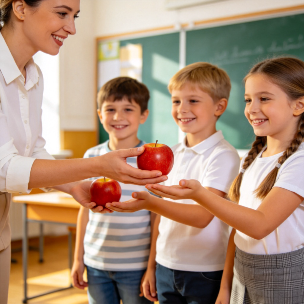A teacher in a bright classroom is handing out a single red apple to each of three smiling children standing in a line. The children's hands are outstretched, receiving the apples one by one. The focus is on the act of giving to each individual child. Clean, well-lit classroom background. No text.