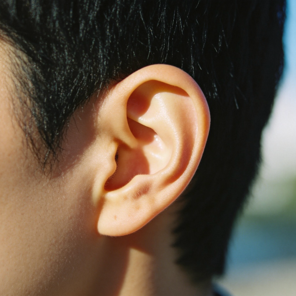 ear 含义图解：人类耳朵特写，展示外耳结构