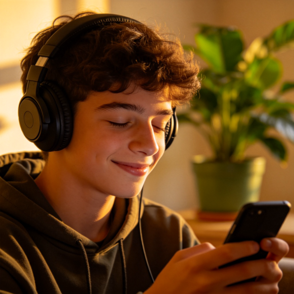 ear 听力场景：戴耳机专注听音乐的年轻人