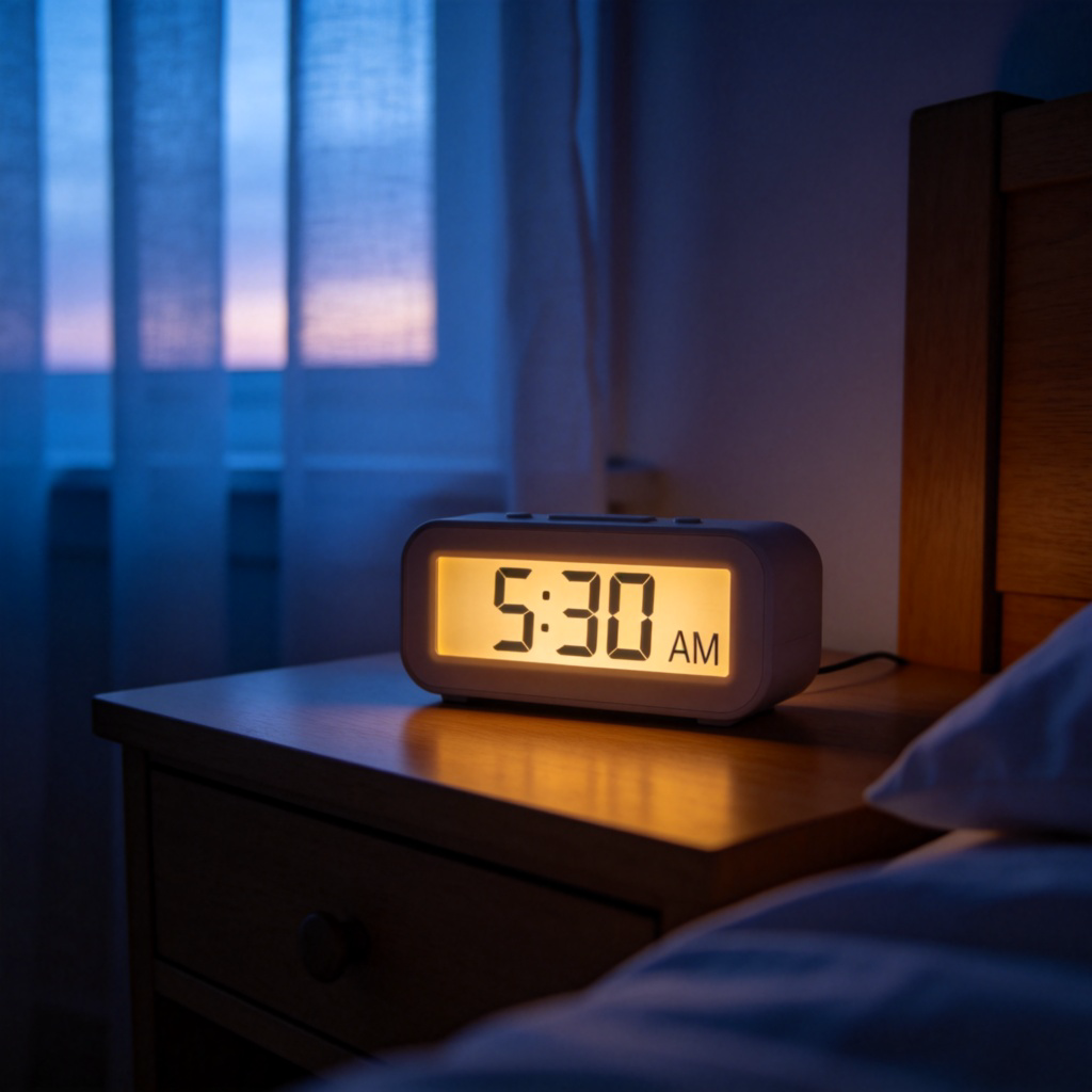 A simple bedside alarm clock showing 5:30 AM, placed on a wooden nightstand. The room is dim with soft blue dawn light filtering through a window curtain. The focus is on the glowing clock numbers. No text.