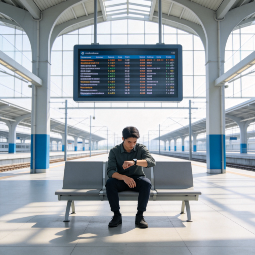 A person sitting alone on a bench in a bright, modern train station, looking at their watch which shows a time earlier than the departure time on a large electronic board in the background. The scene is calm and spacious. No text.