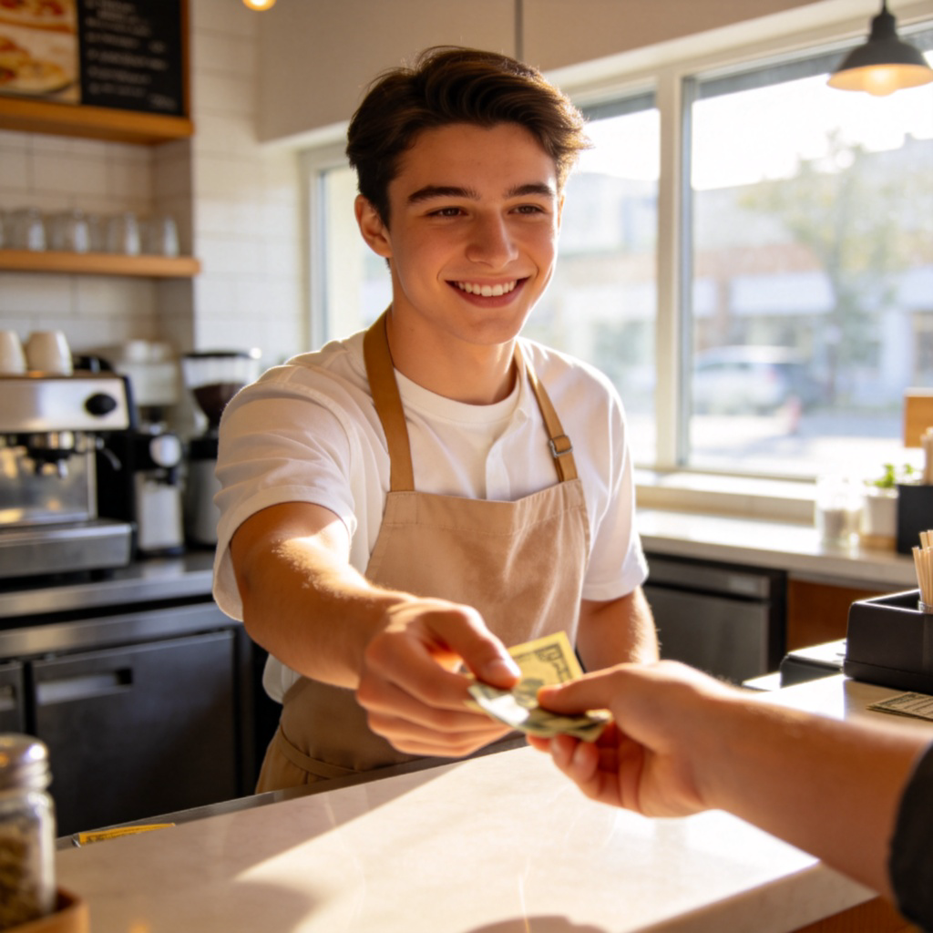 A young adult, smiling, wearing an apron and standing behind the counter of a bright, clean restaurant. They are handing change to a customer. Focus on the action of exchanging money for work. Daylight from a window. No text or logos.