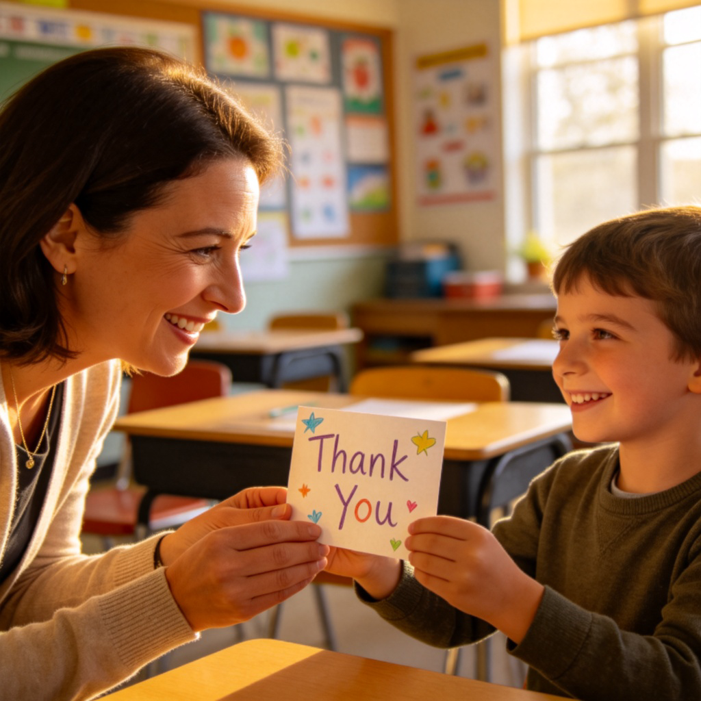 A kind-looking teacher in a classroom, receiving a handmade 'Thank You' card from a smiling student. The focus is on the teacher's proud and touched expression and the act of receiving the card. Warm, natural classroom lighting. No text.