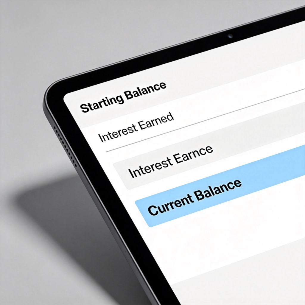 A close-up shot of a bank statement or a digital banking app screen on a tablet. The statement clearly shows a 'Starting Balance', a line item for 'Interest Earned', and an increased 'Current Balance'. The 'Interest Earned' amount is highlighted visually. Clean, simple interface. No personal data visible.