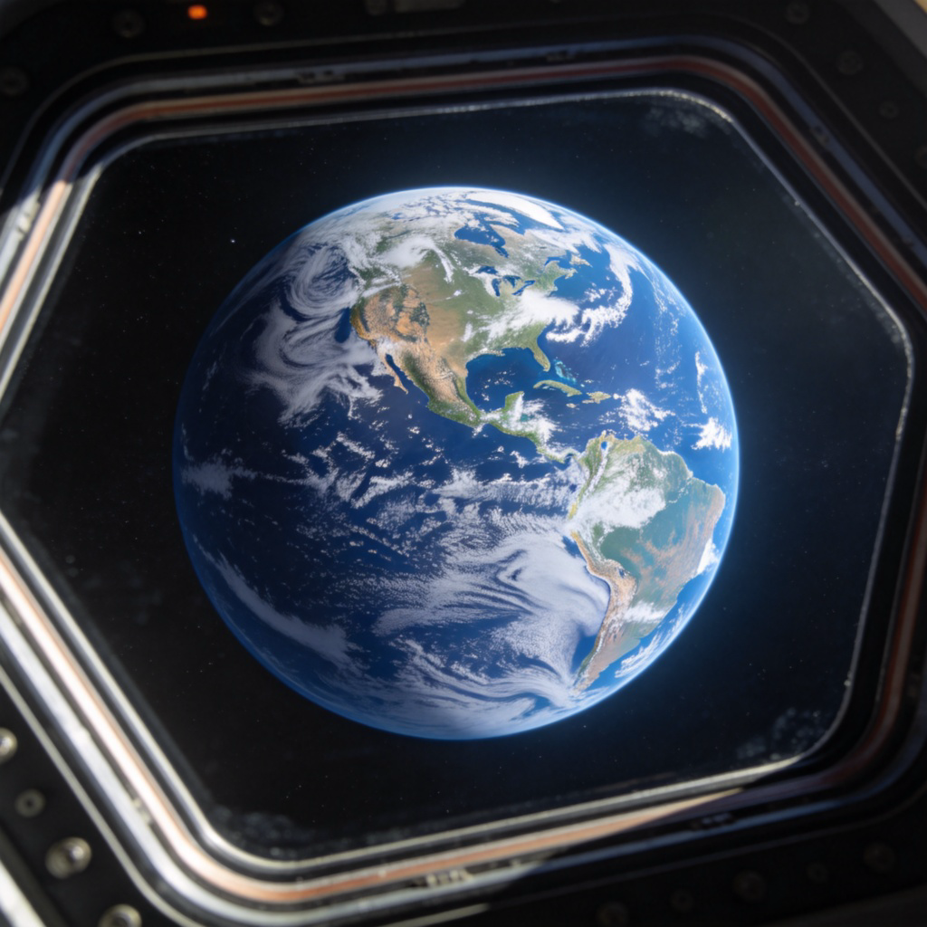A breathtaking view of planet Earth from space. The planet is a beautiful blue sphere with swirling white clouds and visible continents. The dark void of space surrounds it, with a portion of a spacecraft window frame in the foreground. Cinematic lighting, sharp detail. No text.