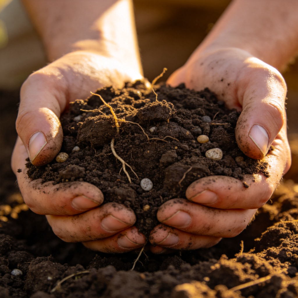 A close-up, detailed shot of a person's hands holding a clump of dark, moist garden earth. Small roots and tiny pebbles are visible in the soil. Sunlight shines on it, emphasizing its rich texture. Plain natural background. No text.