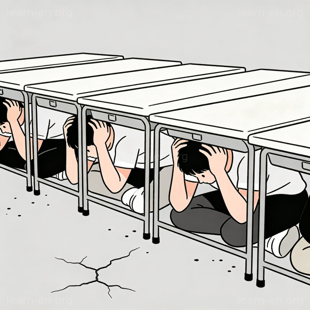 Earthquake ground shaking with people practicing drop-cover-hold under furniture