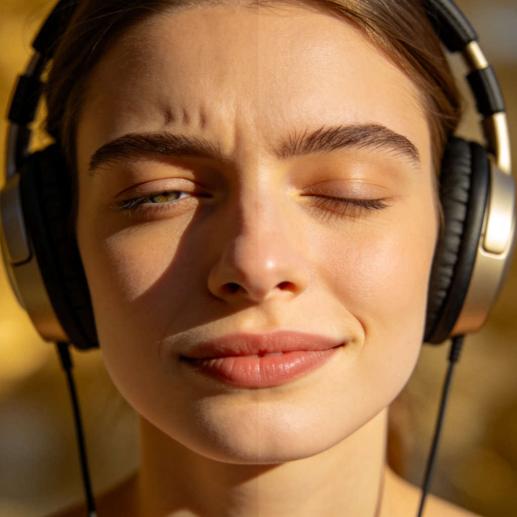 A close-up side-by-side comparison. On the left, a person's face shows tension with furrowed brow. On the right, the same person's face is relaxed, eyes closed, with a calm smile after putting on headphones. The transition suggests music or sound eased their stress.