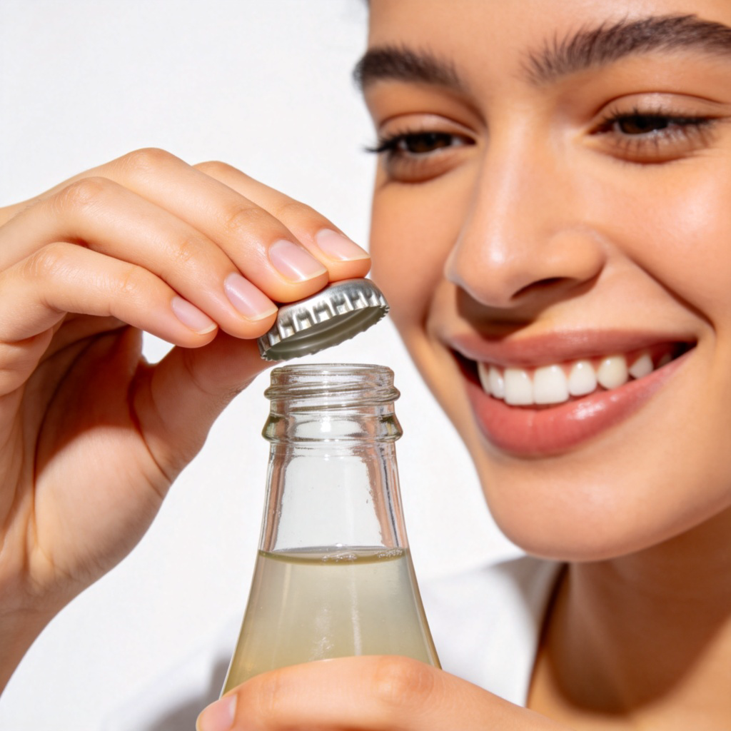 A person smiling as they effortlessly unscrew a tight bottle cap with one hand. The cap is shown coming off smoothly. Close-up on the hands and bottle, white background, bright and clear lighting. No text.