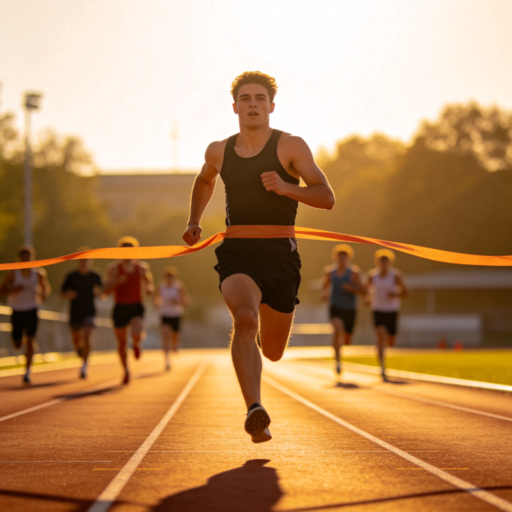 A person in a running race is far ahead of all other competitors, clearly about to cross the finish line first. The other runners are small in the background. Sunny day on a track, focus on the leading runner. No text.