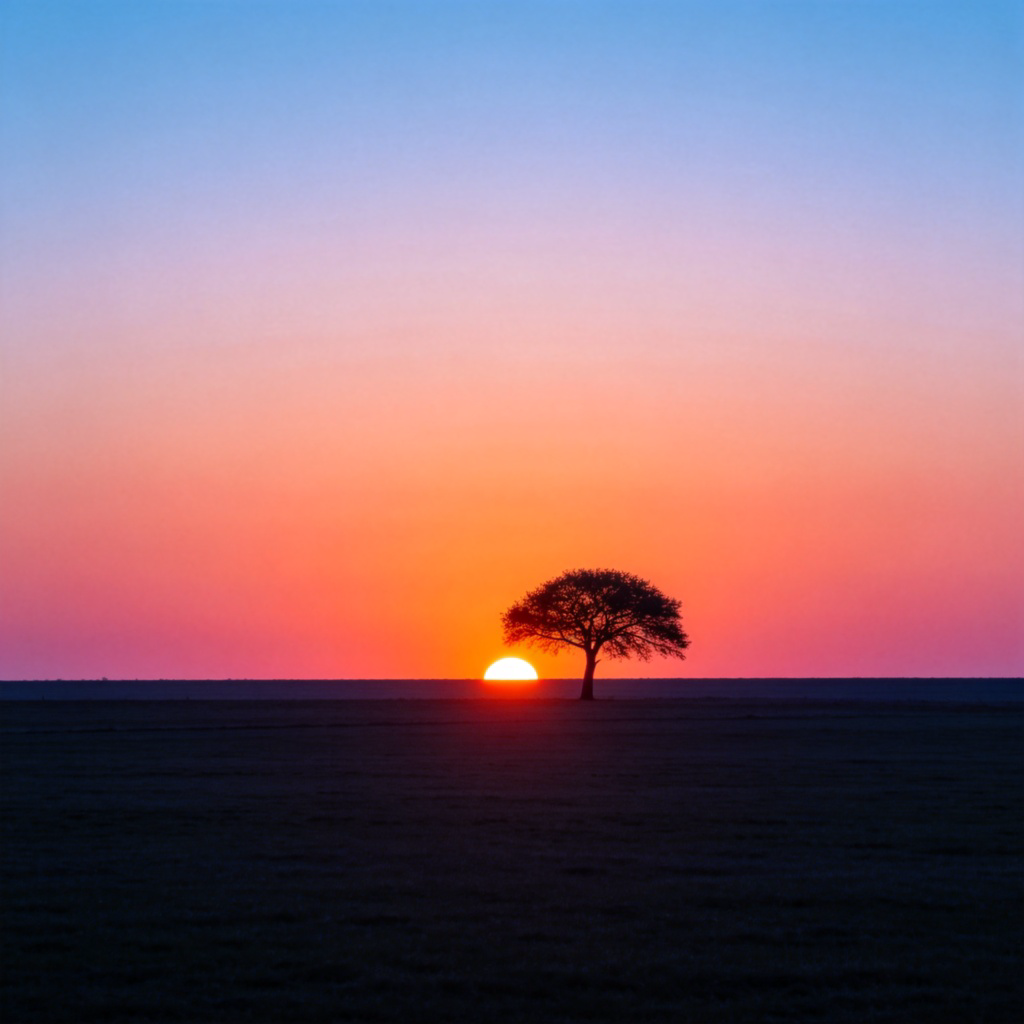 A wide, serene landscape at dawn. In the center of the image, the bright orange sun is peeking over the horizon. The sky is a gradient of pink, orange, and blue. A single tree or person stands as a silhouette against the sunrise, clearly indicating the direction. The focus is on the rising sun. Photorealistic style, no text.