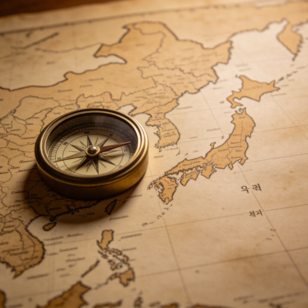 A detailed, close-up view of a vintage-style world map. The camera focuses on the right-hand side (eastern hemisphere) of the map, where the landmasses of China, Japan, and the Korean Peninsula are clearly outlined and subtly highlighted. A traditional compass is placed on the map, its needle pointing towards these countries. Warm, historical color palette, no modern text.