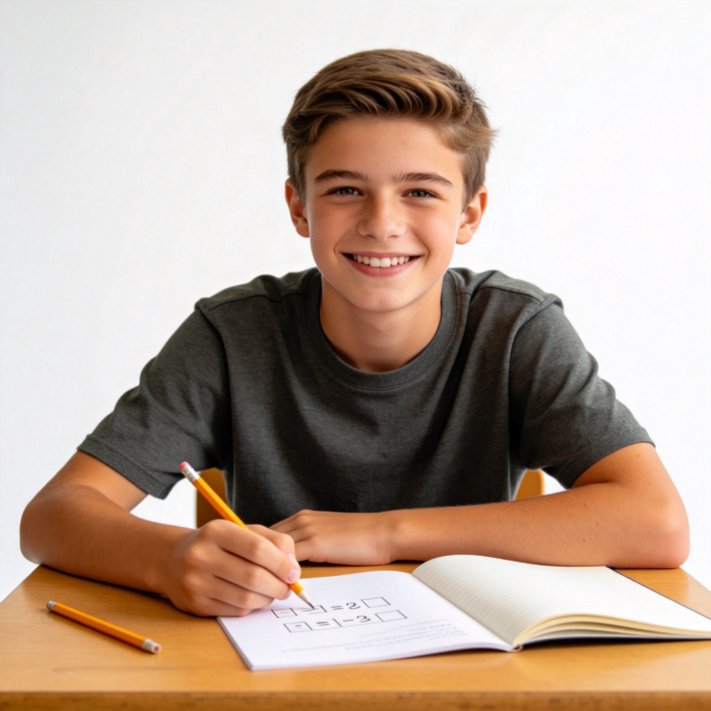 A smiling student sitting at a wooden desk, effortlessly solving a simple math problem on a piece of paper. The desk has a pencil and an open notebook. The student looks relaxed and confident. Clear daylight on a white background.