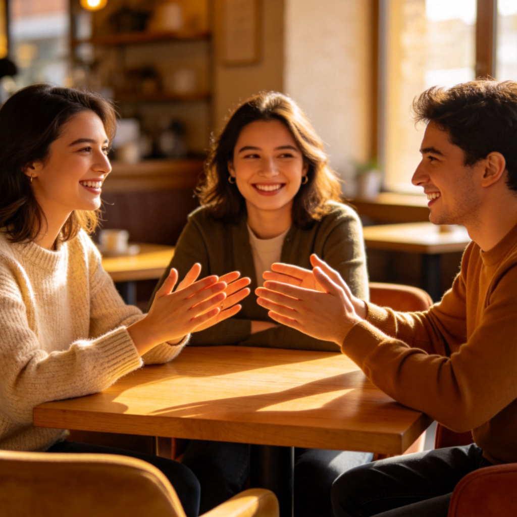 A group of three friends sitting around a cafe table, smiling and chatting casually. They all look comfortable and happy. One person is gesturing warmly. The focus is on their relaxed expressions and friendly body language.