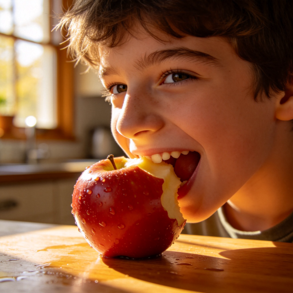 A close-up, photo-realistic image of a young person smiling, taking a bite of a fresh red apple at a wooden kitchen table. Sunlight streams through a nearby window, lighting up the scene. The apple and the action of eating are the clear focus. No people in the background, no text or logos.