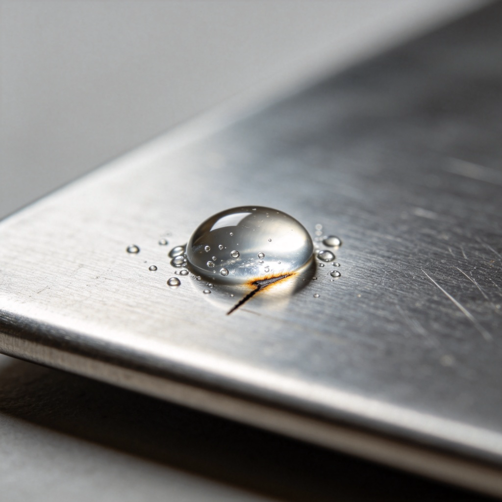 A macro, detailed shot of a shiny metal plate with a single drop of clear, strong acid on its surface. Small bubbles are forming around the droplet, and a tiny, etched mark is visible beneath it, showing the beginning of corrosion. The background is a blurry, neutral grey. No text, realistic photography style.