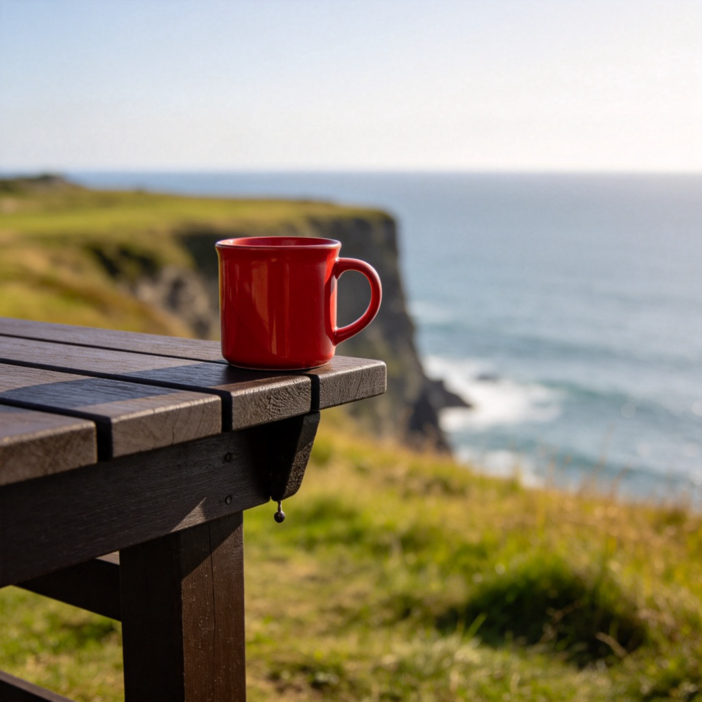 A close-up side view of a dark wooden table. A red coffee mug is placed right at the very edge, with part of its base hanging over. In the background, out of focus, is a grassy cliff with a vast ocean beyond, emphasizing the concept of a boundary. Sharp focus on the mug and table edge. Natural daylight. No text.