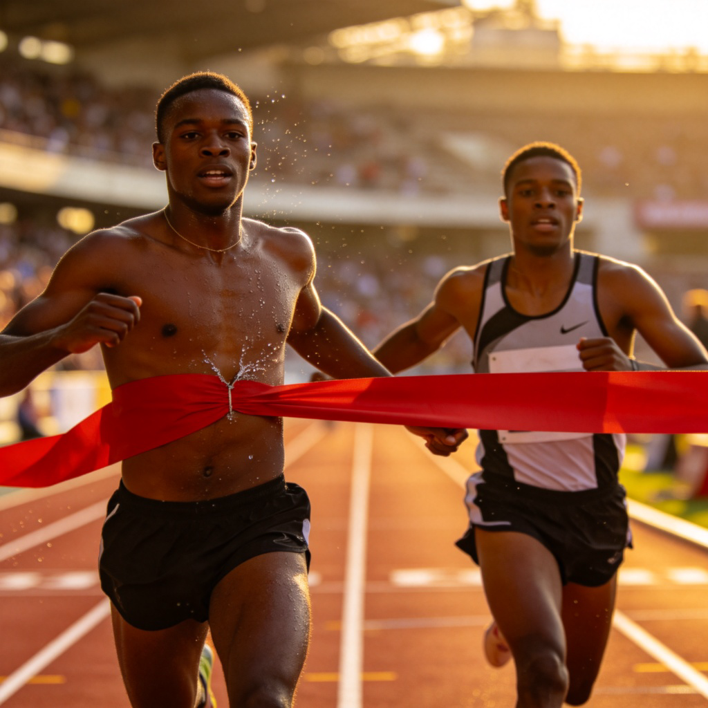A dynamic photo finish moment in a running race. Two runners are crossing the finish line, but one runner's chest is slightly ahead, breaking the ribbon first. The photo captures the intense effort and the tiny领先差距. Track and field stadium in the background. No text.
