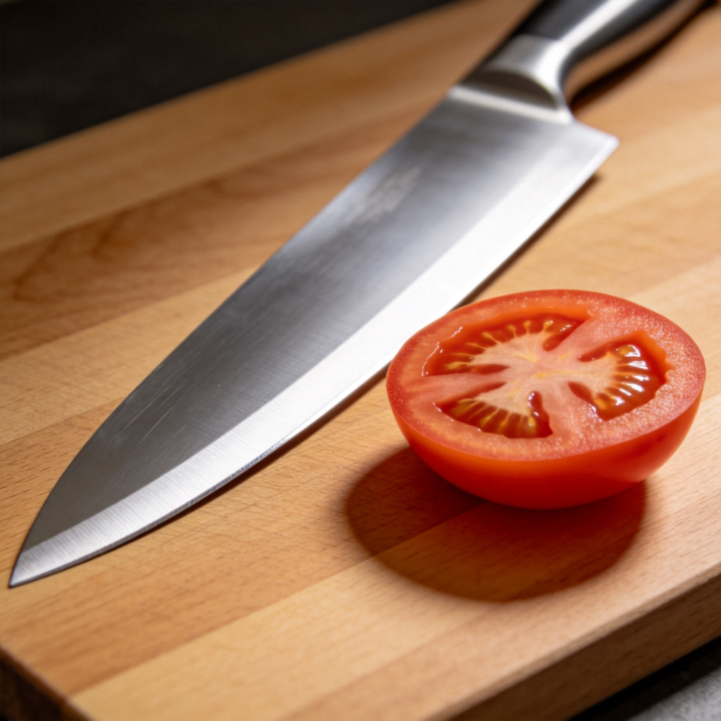 A close-up, overhead view of a shiny stainless steel chef's knife lying on a wooden cutting board. The lighting highlights the thin, sharp line of the blade's edge. A piece of tomato is neatly sliced in half next to the knife. Clean, simple composition. No text.
