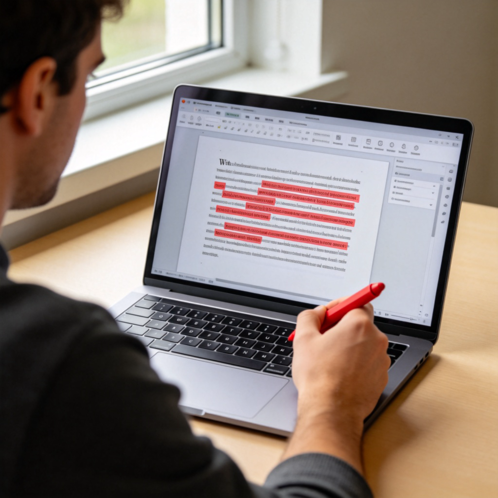 A person sitting at a desk with a laptop, using a red digital highlighter tool to mark and correct text in a word document. Close-up on the screen showing typed words with corrections. Natural daylight from a window. No text or logos visible on the screen.